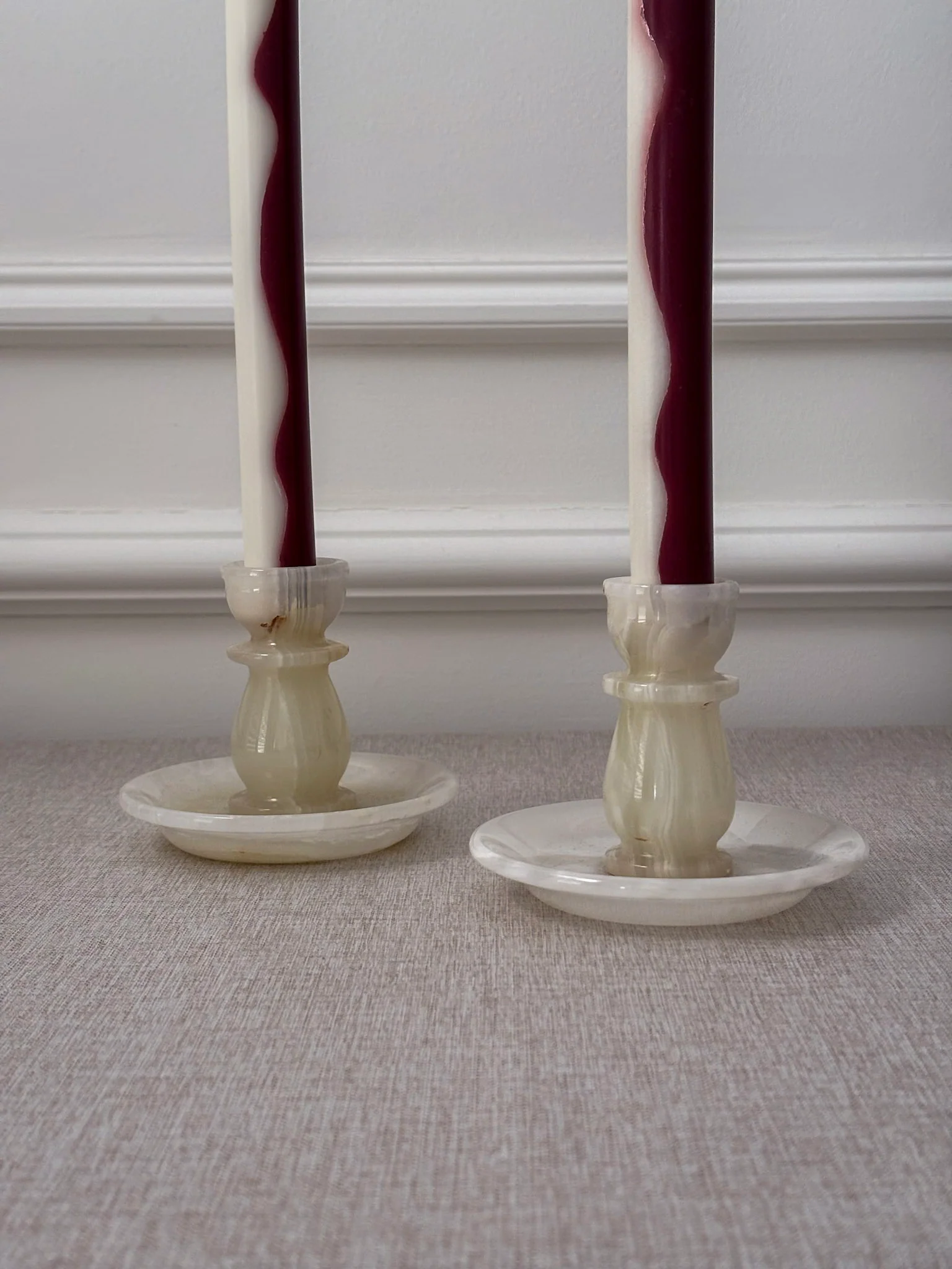 Vintage Cream Onyx Candle Holders Pair | Marble Stone Candlesticks