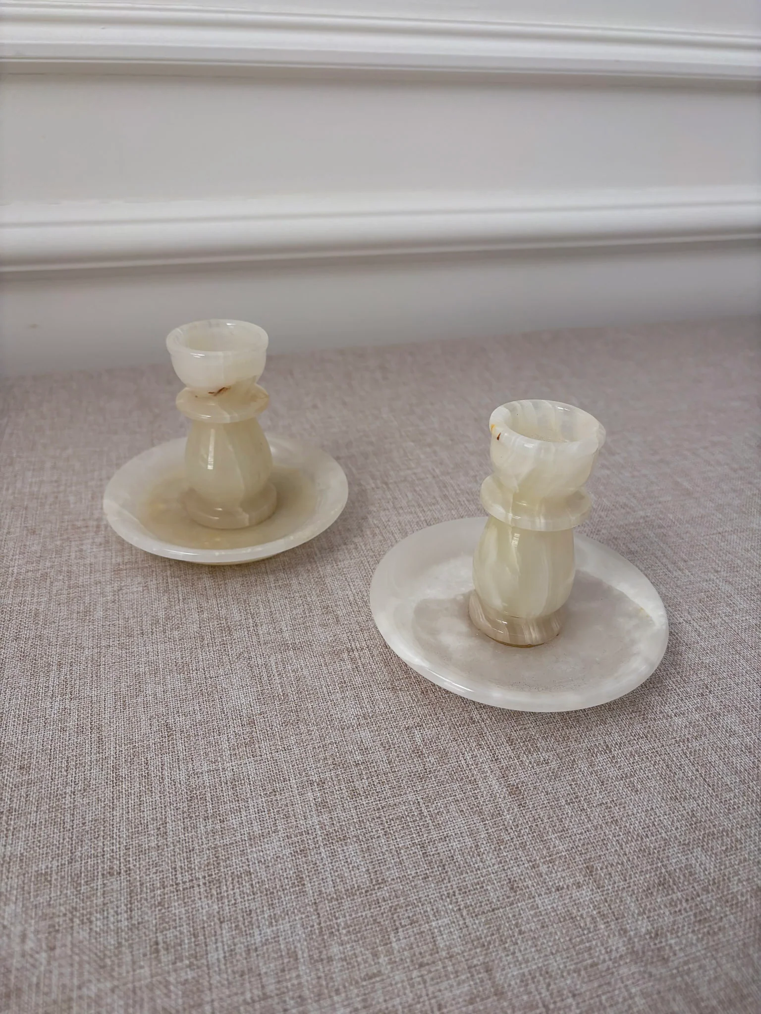 Vintage Cream Onyx Candle Holders Pair | Marble Stone Candlesticks - Image 11