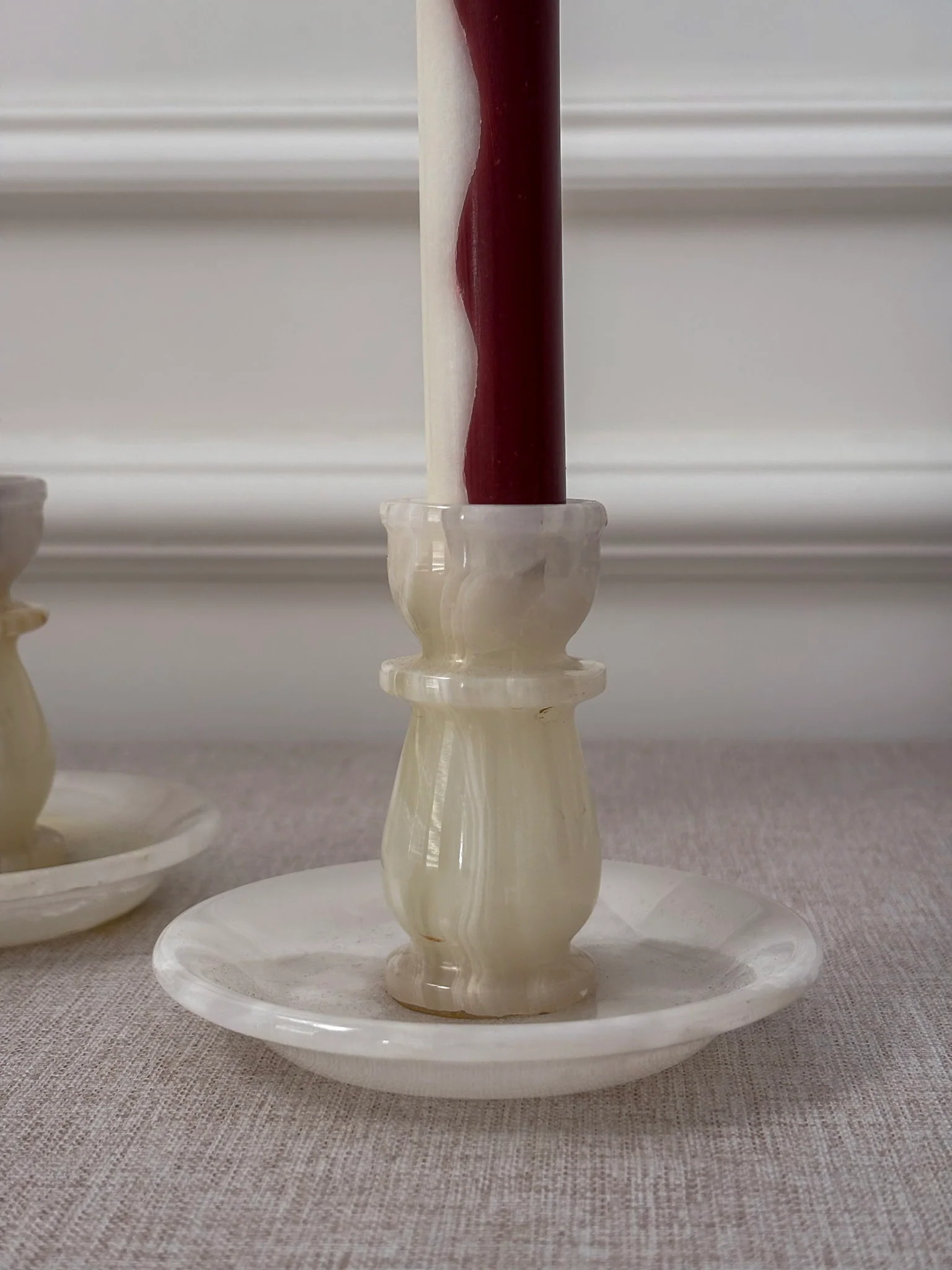 Vintage Cream Onyx Candle Holders Pair | Marble Stone Candlesticks - Image 2