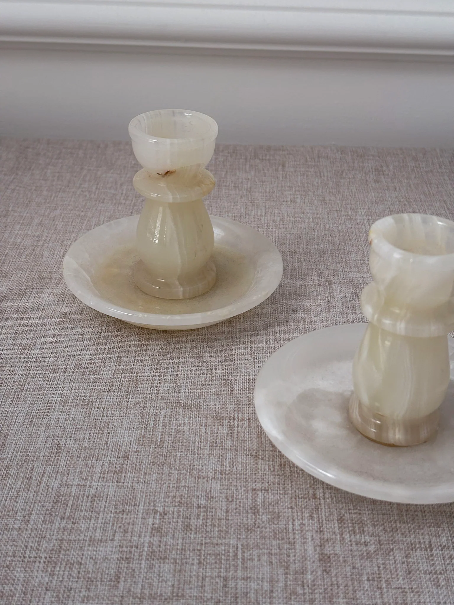 Vintage Cream Onyx Candle Holders Pair | Marble Stone Candlesticks - Image 3