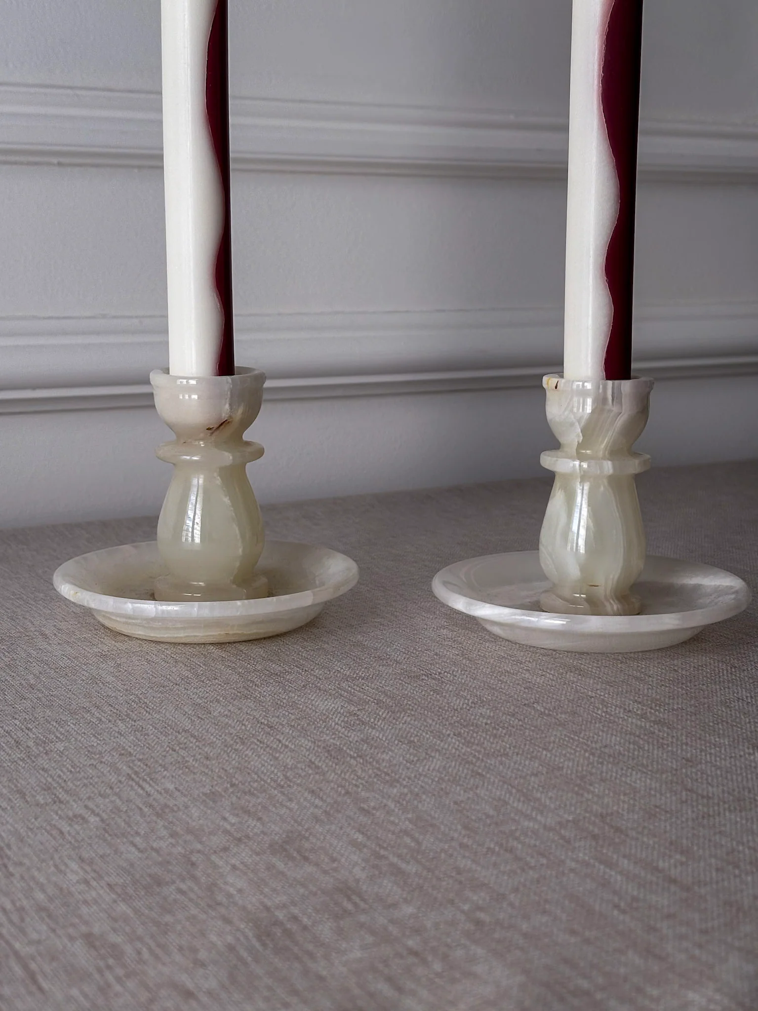 Vintage Cream Onyx Candle Holders Pair | Marble Stone Candlesticks - Image 4