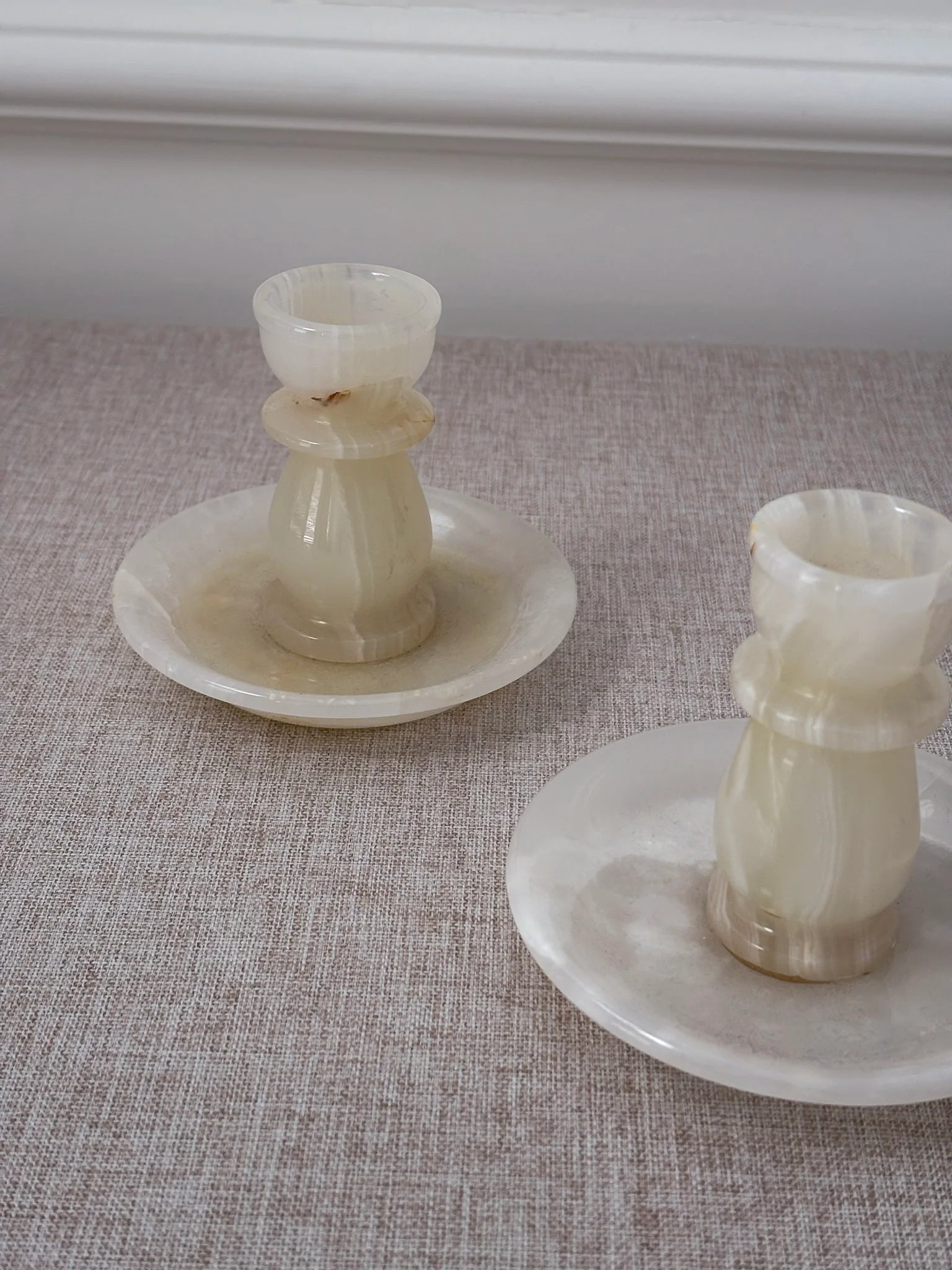 Vintage Cream Onyx Candle Holders Pair | Marble Stone Candlesticks - Image 6