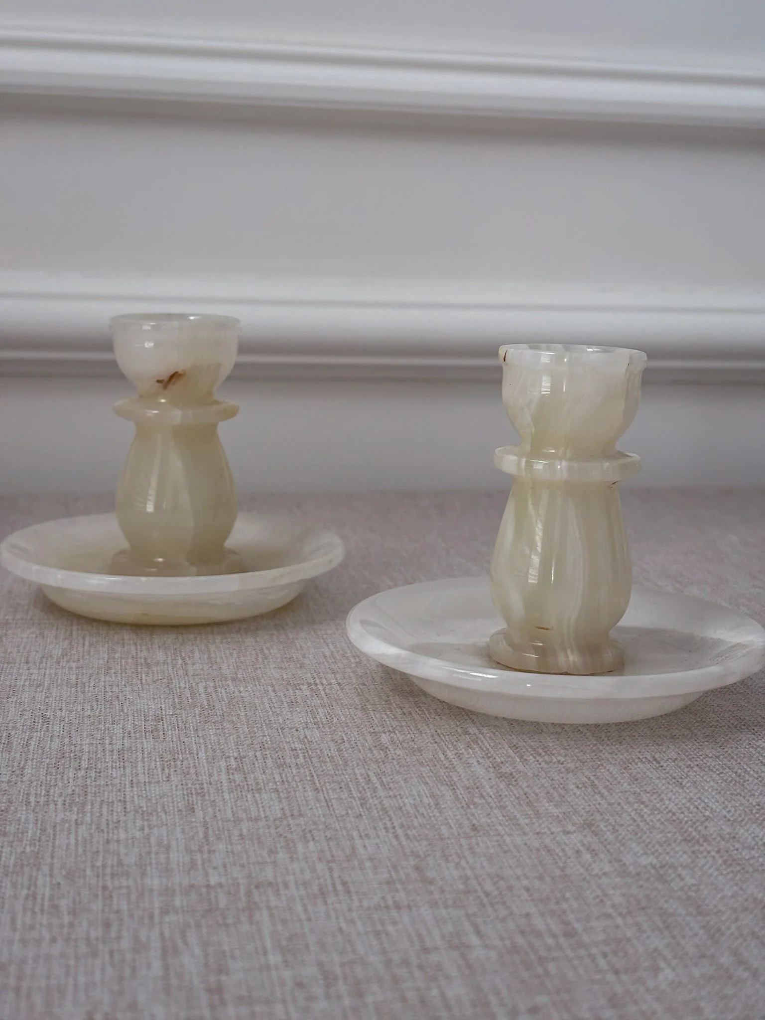 Vintage Cream Onyx Candle Holders Pair | Marble Stone Candlesticks - Image 8