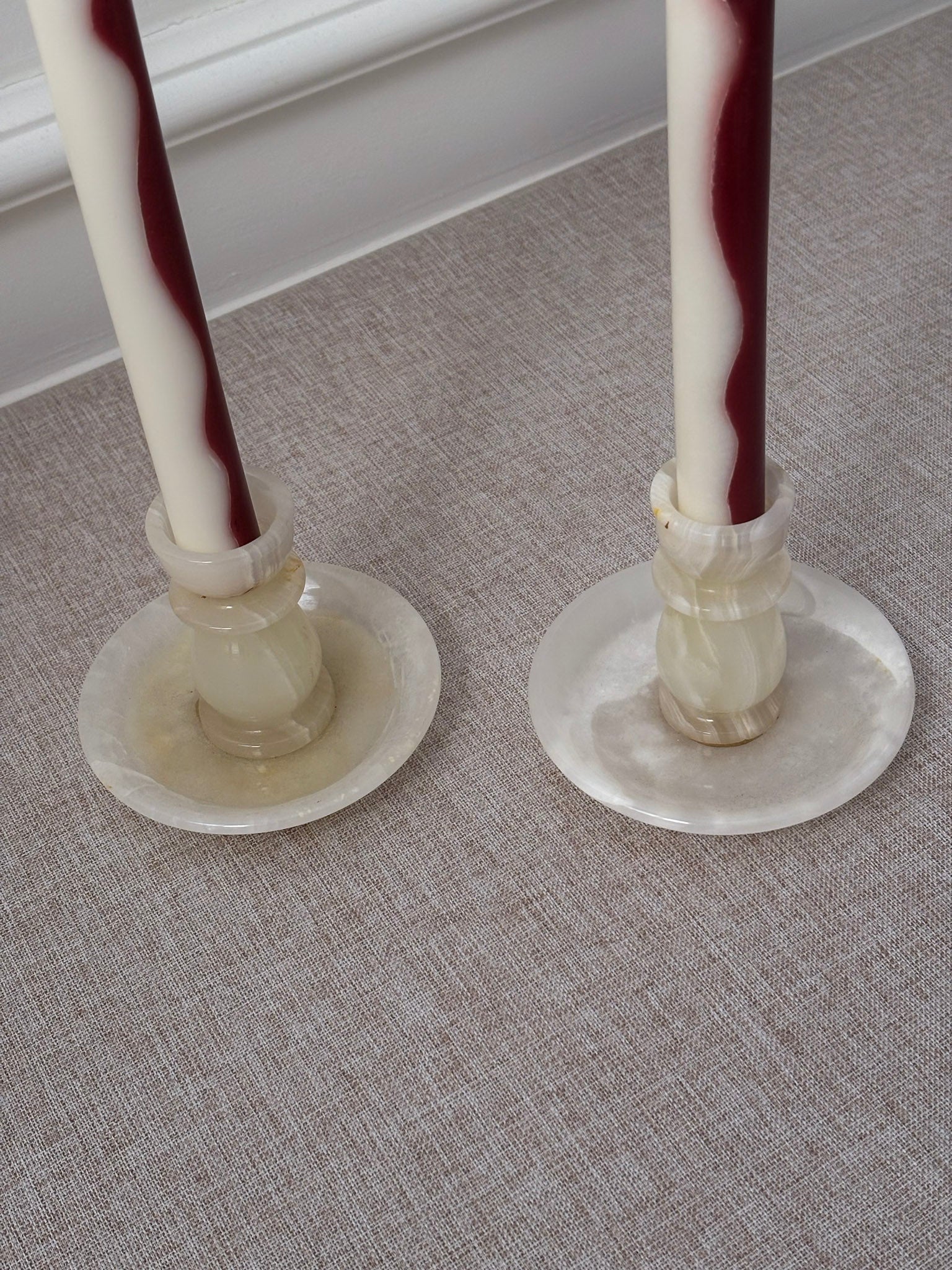 Vintage Cream Onyx Candle Holders Pair | Marble Stone Candlesticks - Image 9