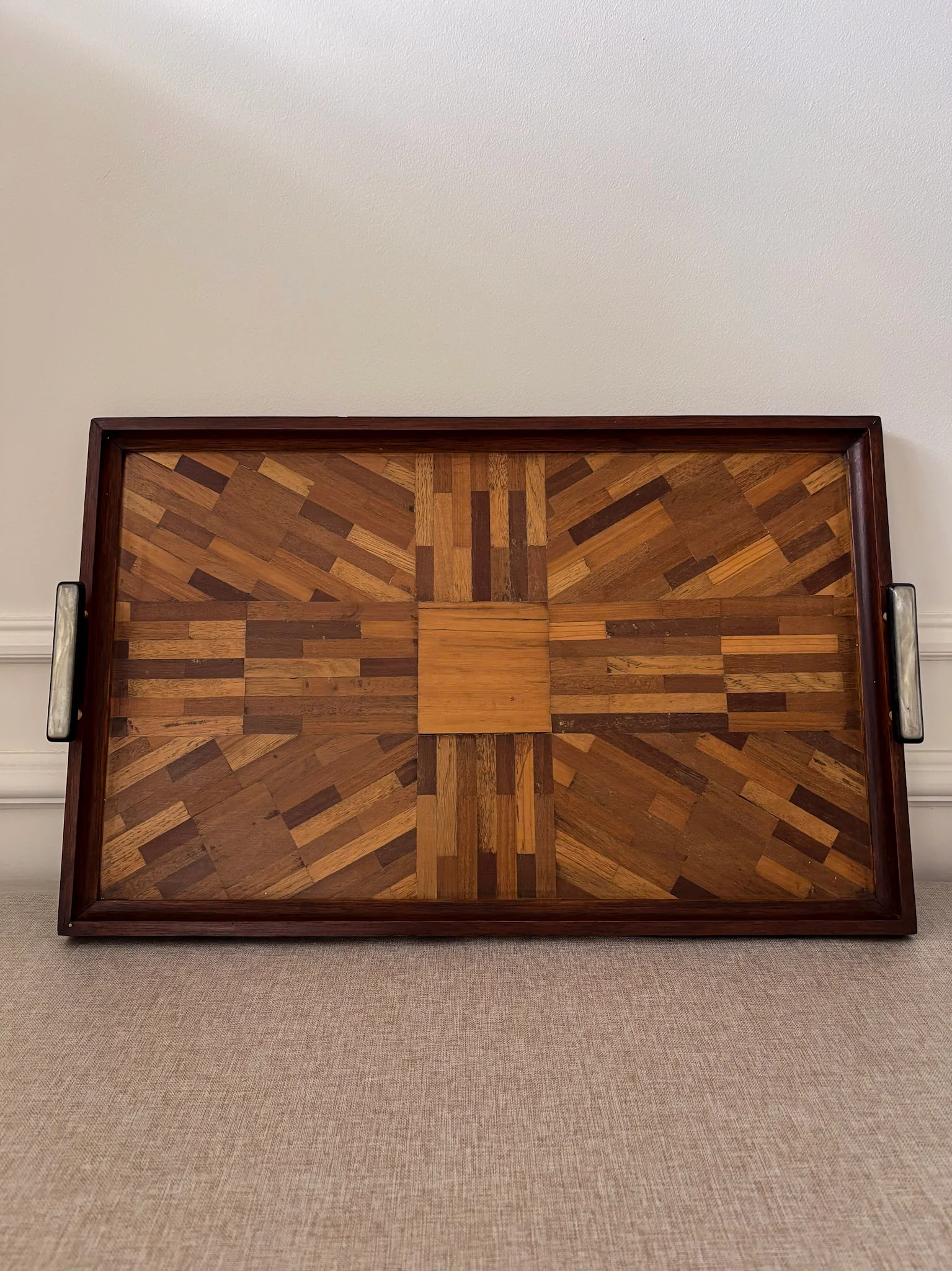 Vintage Mid Century Parquetry Serving Tray | Geometric Wood Veneer Tray - Image 4