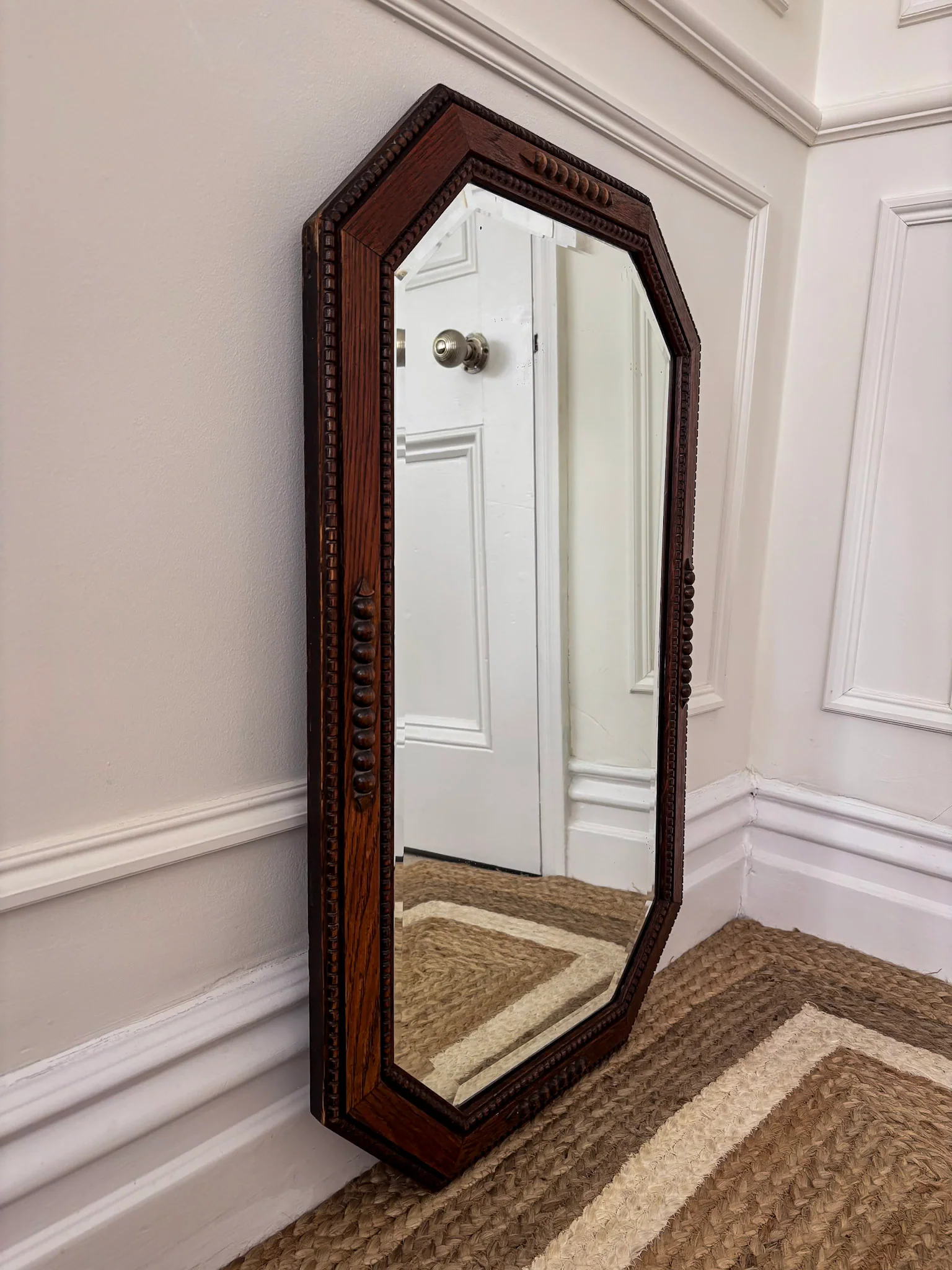 Vintage Octagonal Oak Mirror | Bevelled Arts & Crafts Style Wooden Mirror - Image 10