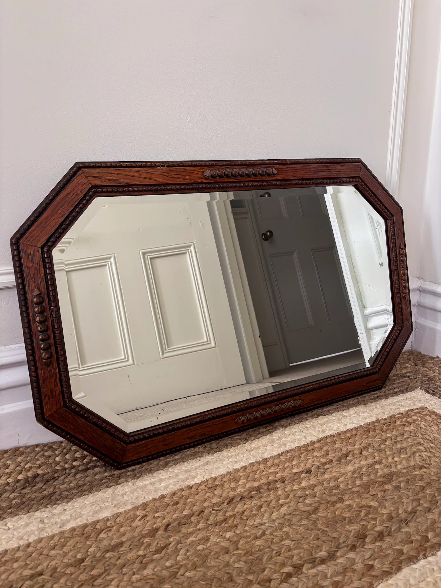 Vintage Octagonal Oak Mirror | Bevelled Arts & Crafts Style Wooden Mirror - Image 3