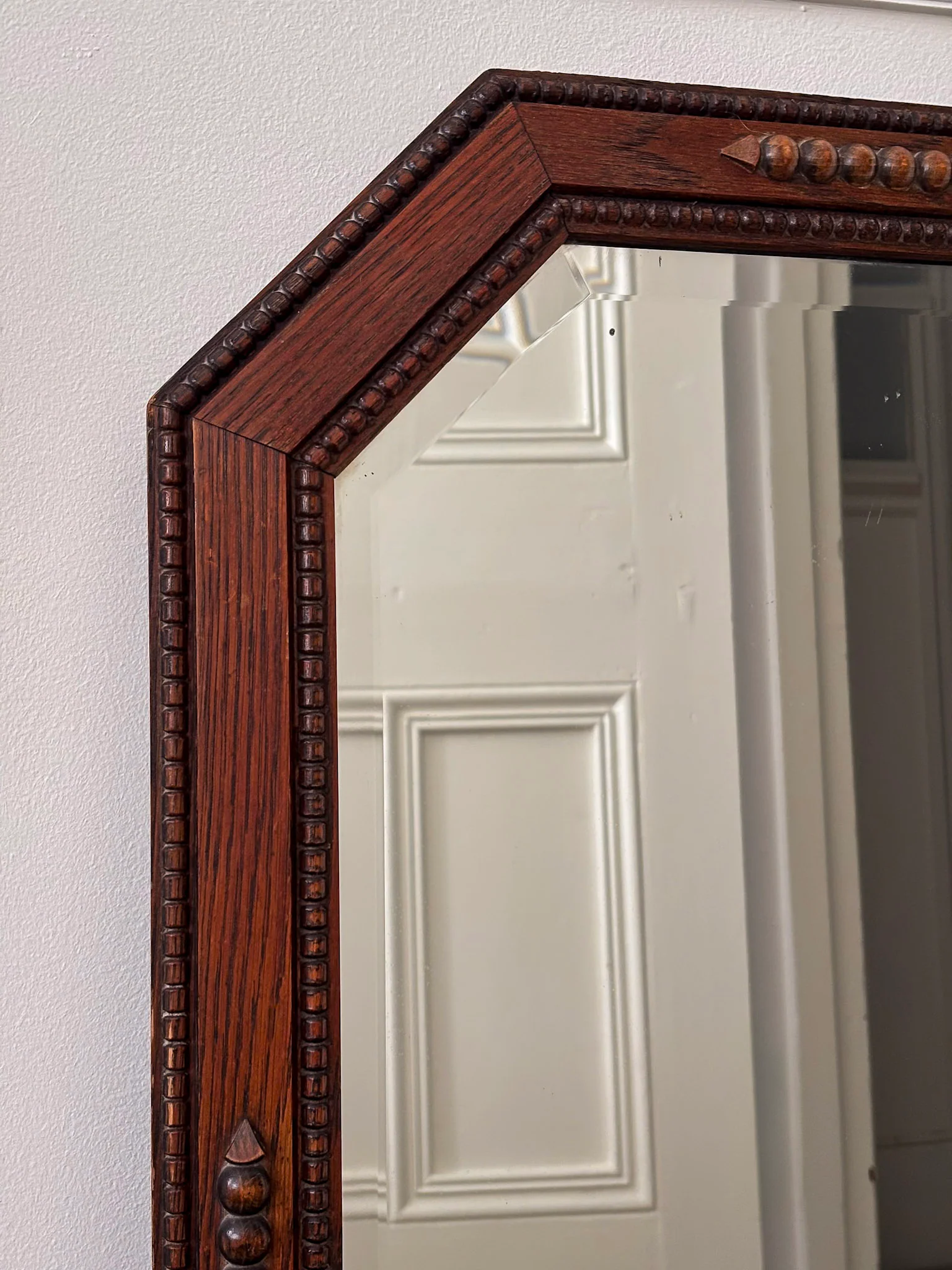 Vintage Octagonal Oak Mirror | Bevelled Arts & Crafts Style Wooden Mirror - Image 4