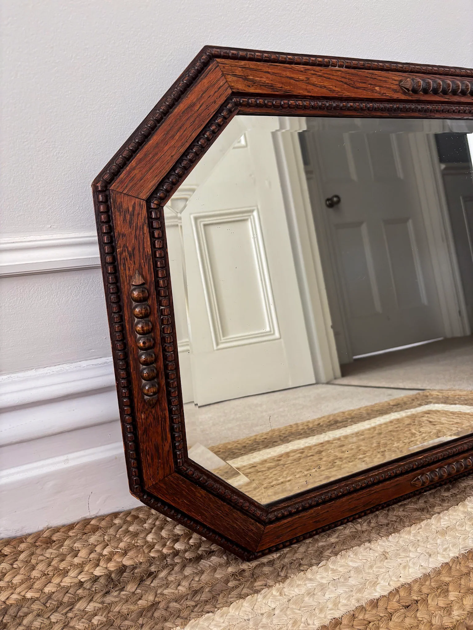 Vintage Octagonal Oak Mirror | Bevelled Arts & Crafts Style Wooden Mirror - Image 5