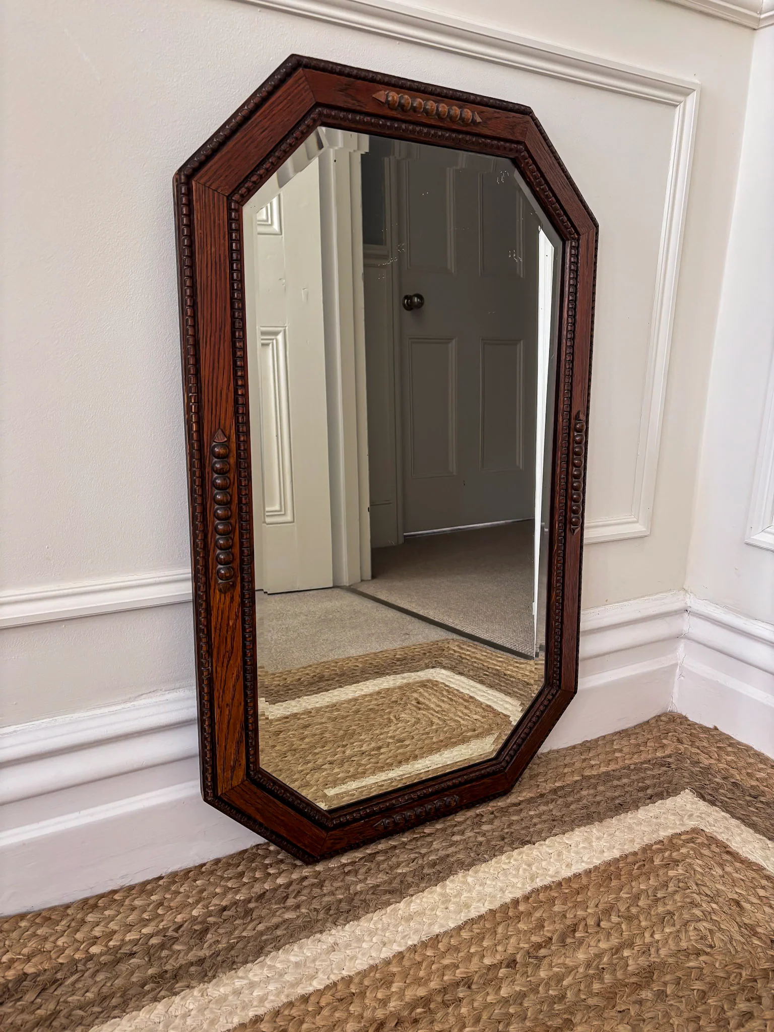 Vintage Octagonal Oak Mirror | Bevelled Arts & Crafts Style Wooden Mirror - Image 8