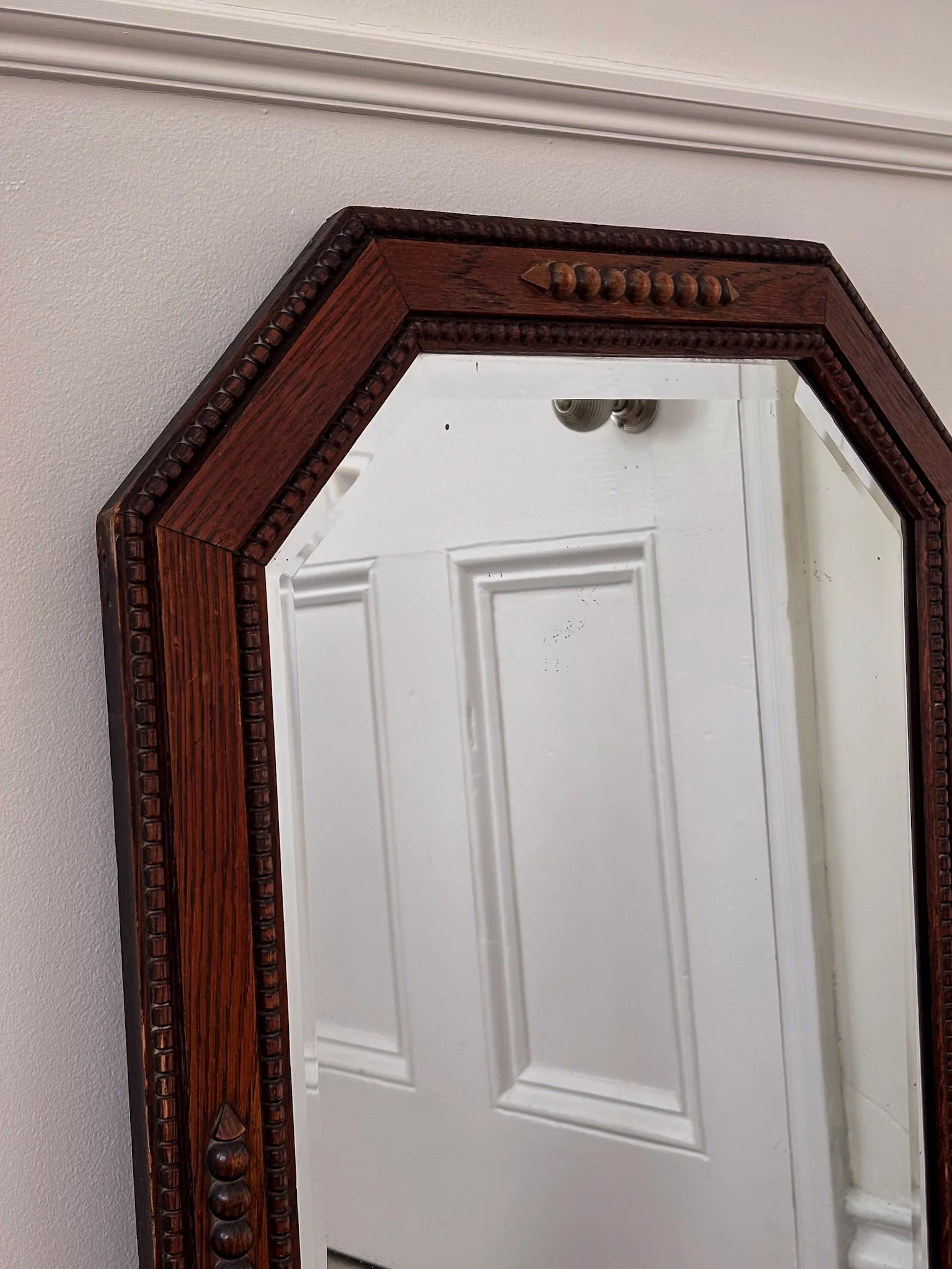 Vintage Octagonal Oak Mirror | Bevelled Arts & Crafts Style Wooden Mirror - Image 9